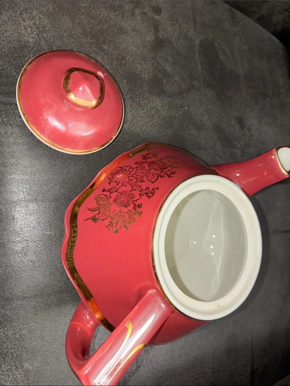 Coral Ceramic Teapot with Gold Accent and Floral Motif